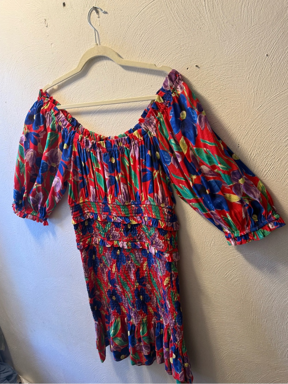 Skies Are Blue Floral Off Shoulder Smocked Mini Dress Boho Colorful Vacation L - Picture 4 of 6